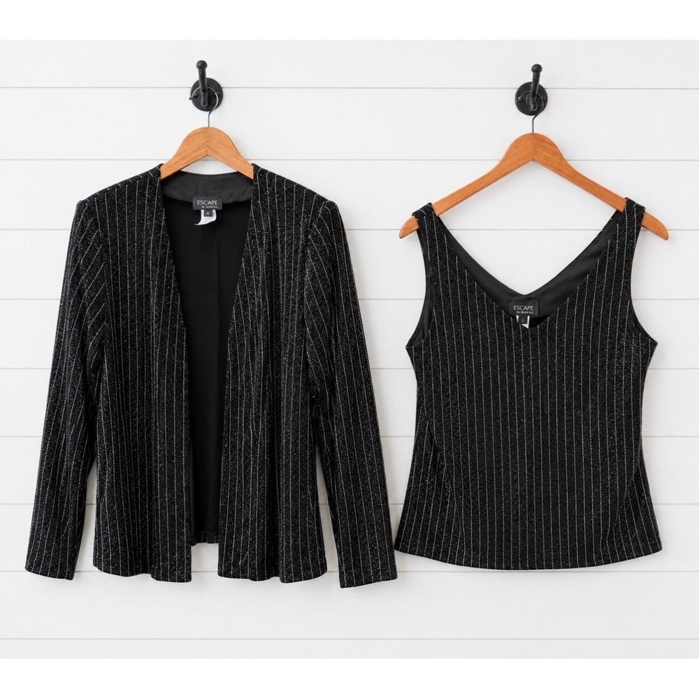 Xscape 2-Piece Sparkle Jacket & Tank Set Size L Black Silver Evening Party‎
